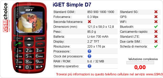iGET Simple D7 Dati tecnici di telefono cellulare 