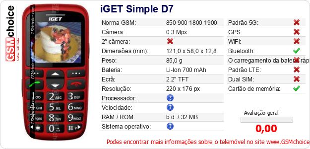 iGET Simple D7 Especificações técnicas do telemóvel iGET Simple D7 Especificações técnicas do telemóvel