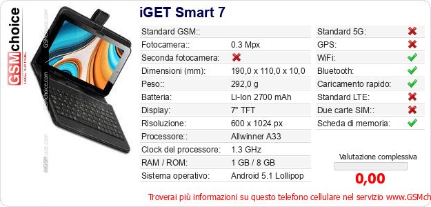 iGET Smart 7 Dati tecnici di telefono cellulare iGET Smart 7 Dati tecnici di telefono cellulare