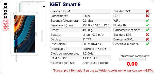 iGET Smart 9 Dati tecnici di telefono cellulare 