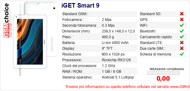 iGET Smart 9 Dati tecnici di telefono cellulare 