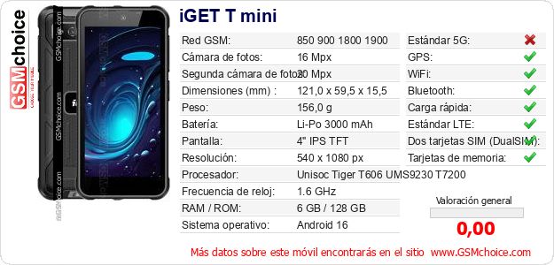 iGET T mini Datos técnicos del móvil iGET T mini Datos técnicos del móvil