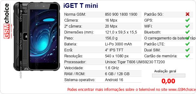 iGET T mini Especificações técnicas do telemóvel iGET T mini Especificações técnicas do telemóvel