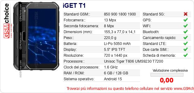 iGET T1 Dati tecnici di telefono cellulare 