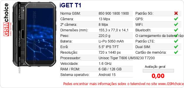 iGET T1 Especificações técnicas do telemóvel iGET T1 Especificações técnicas do telemóvel