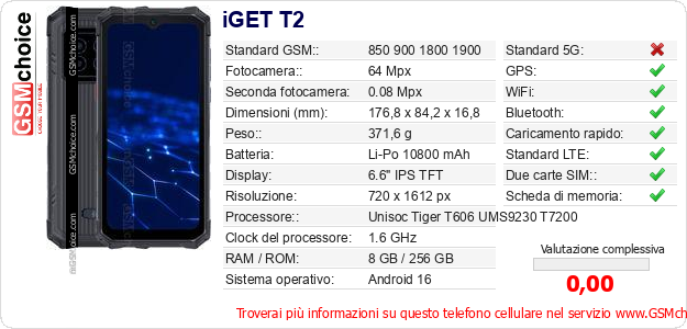 iGET T2 Dati tecnici di telefono cellulare 