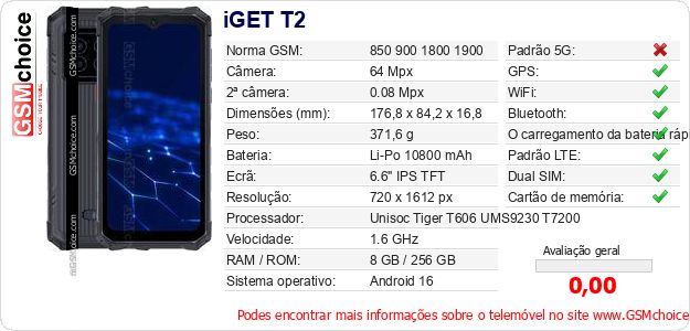iGET T2 Especificações técnicas do telemóvel 