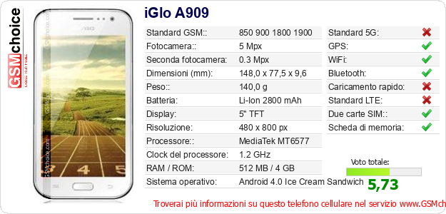 iGlo A909 Dati tecnici di telefono cellulare 