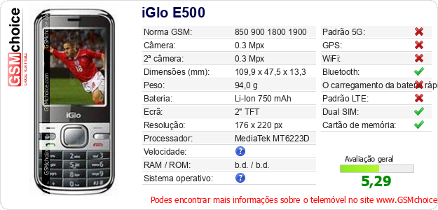 iGlo E500 Especificações técnicas do telemóvel iGlo E500 Especificações técnicas do telemóvel