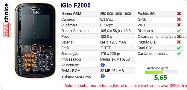 iGlo F2000 Especificações técnicas do telemóvel 