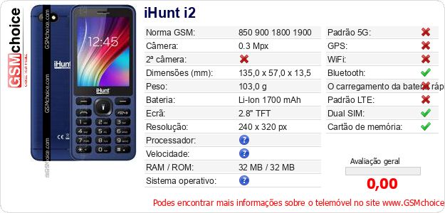iHunt i2 Especificações técnicas do telemóvel iHunt i2 Especificações técnicas do telemóvel