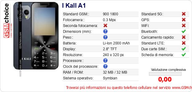 I Kall A1 Dati tecnici di telefono cellulare I Kall A1 Dati tecnici di telefono cellulare
