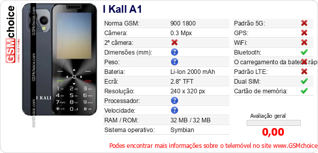 I Kall A1 Especificações técnicas do telemóvel 