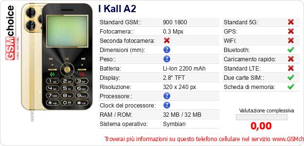 I Kall A2 Dati tecnici di telefono cellulare 