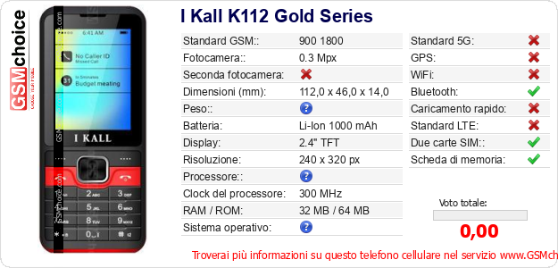 I Kall K112 Gold Series Dati tecnici di telefono cellulare 