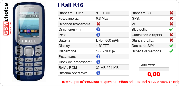I Kall K16 Dati tecnici di telefono cellulare 