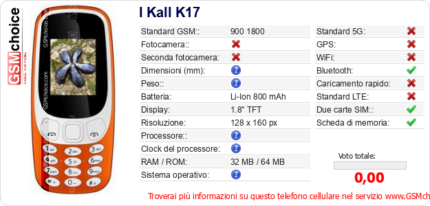 I Kall K17 Dati tecnici di telefono cellulare I Kall K17 Dati tecnici di telefono cellulare