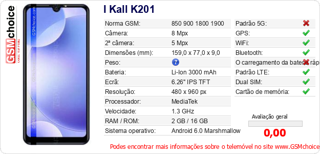 I Kall K201 Especificações técnicas do telemóvel 