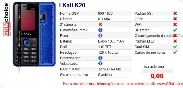 I Kall K20 Especificações técnicas do telemóvel 