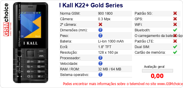 I Kall K22+ Gold Series Especificações técnicas do telemóvel 