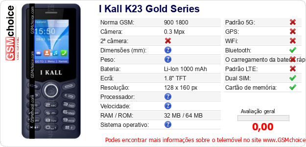I Kall K23 Gold Series Especificações técnicas do telemóvel I Kall K23 Gold Series Especificações técnicas do telemóvel
