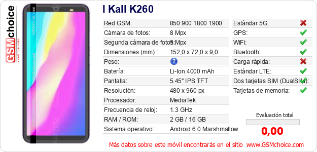 I Kall K260 Datos técnicos del móvil 