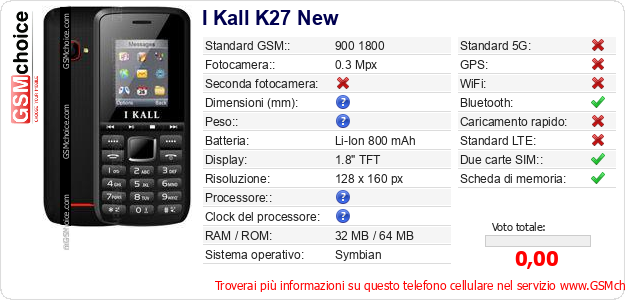 I Kall K27 New Dati tecnici di telefono cellulare 