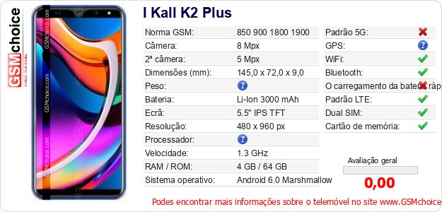 I Kall K2 Plus Especificações técnicas do telemóvel 