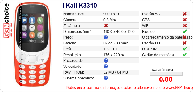 I Kall K3310 Especificações técnicas do telemóvel 