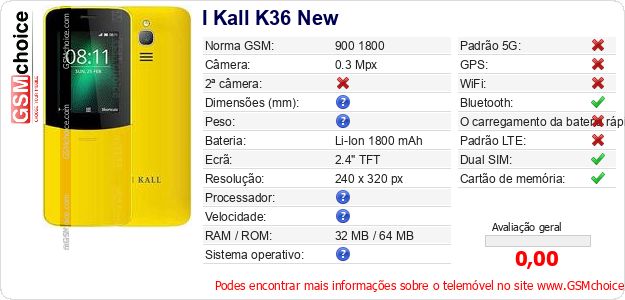 I Kall K36 New Especificações técnicas do telemóvel 
