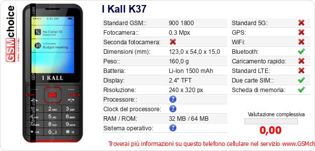 I Kall K37 Dati tecnici di telefono cellulare I Kall K37 Dati tecnici di telefono cellulare