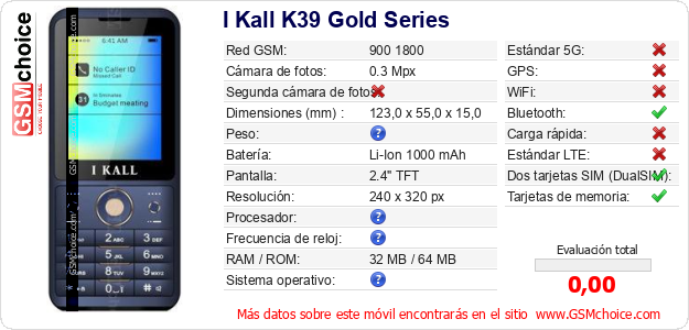 I Kall K39 Gold Series Datos técnicos del móvil I Kall K39 Gold Series Datos técnicos del móvil