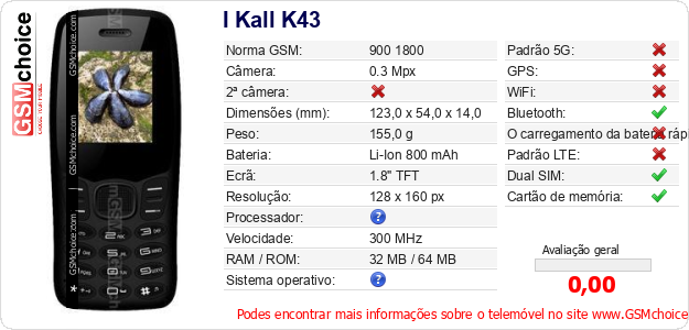 I Kall K43 Especificações técnicas do telemóvel 