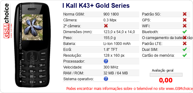 I Kall K43+ Gold Series Especificações técnicas do telemóvel I Kall K43+ Gold Series Especificações técnicas do telemóvel