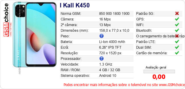 I Kall K450 Especificações técnicas do telemóvel 