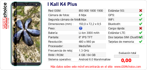 I Kall K4 Plus Datos técnicos del móvil 