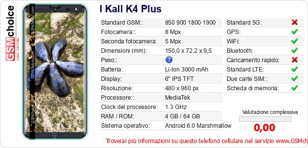 I Kall K4 Plus Dati tecnici di telefono cellulare 