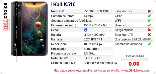 I Kall K510 Datos técnicos del móvil 