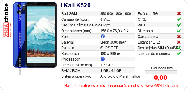 I Kall K520 Datos técnicos del móvil 