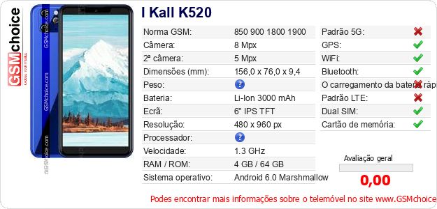 I Kall K520 Especificações técnicas do telemóvel I Kall K520 Especificações técnicas do telemóvel