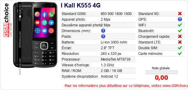 I Kall K555 4G Fiche technique I Kall K555 4G Fiche technique
