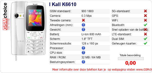 I Kall K6610 Technische gegevens 