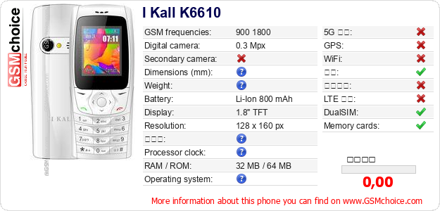 I Kall K6610 手机技术数据