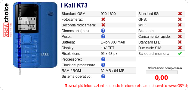 I Kall K73 Dati tecnici di telefono cellulare 