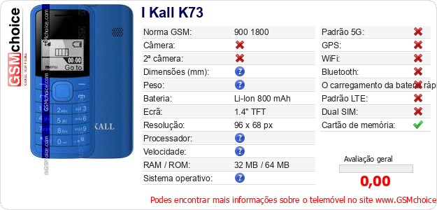 I Kall K73 Especificações técnicas do telemóvel 