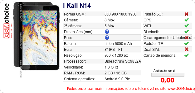 I Kall N14 Especificações técnicas do telemóvel 