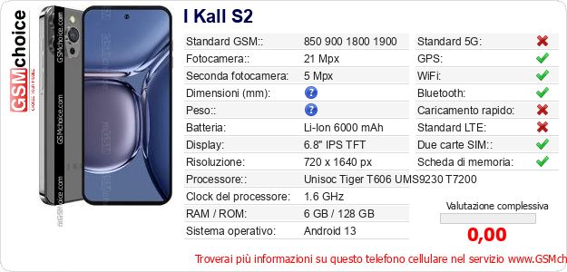 I Kall S2 Dati tecnici di telefono cellulare I Kall S2 Dati tecnici di telefono cellulare