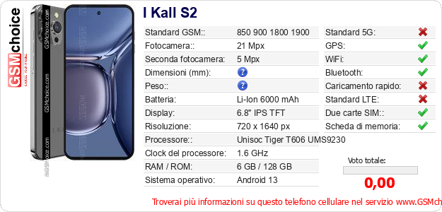I Kall S2 Dati tecnici di telefono cellulare 