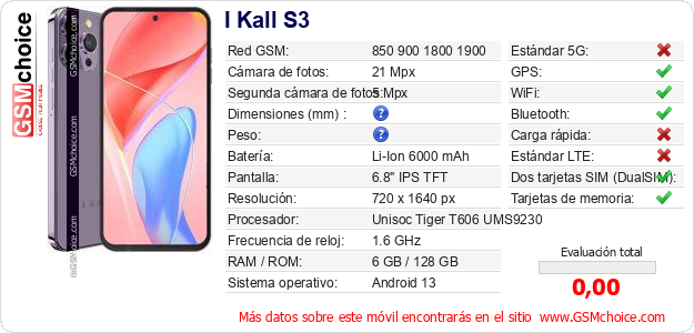 I Kall S3 Datos técnicos del móvil I Kall S3 Datos técnicos del móvil