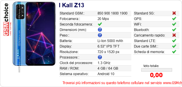 I Kall Z13 Dati tecnici di telefono cellulare I Kall Z13 Dati tecnici di telefono cellulare